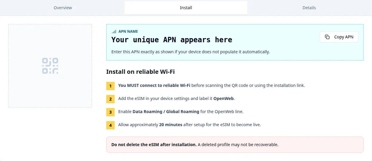 eSIM installation tab with APN copy control, Wi-Fi, roaming and profile deletion warnings