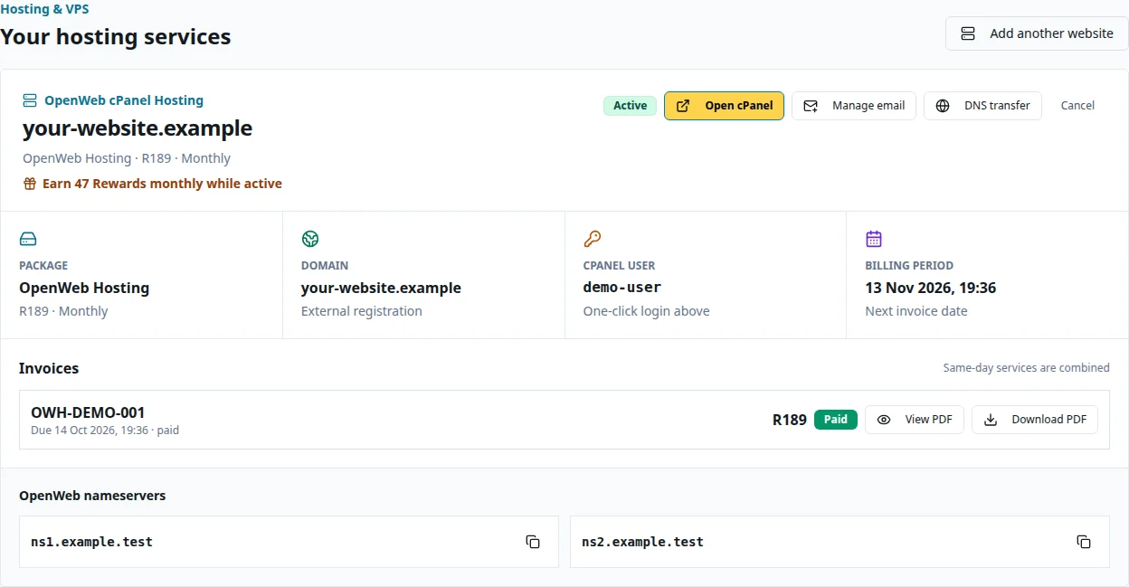 Hosting service card with Open cPanel, Manage email, DNS transfer, invoices and nameservers
