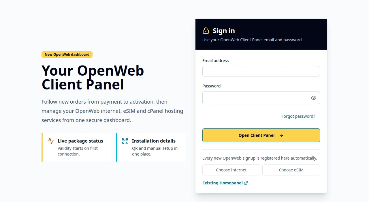 OpenWeb Client Panel login form with email, password visibility icon and password recovery
