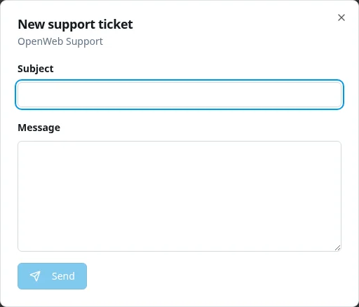 New support ticket dialog with subject and message fields