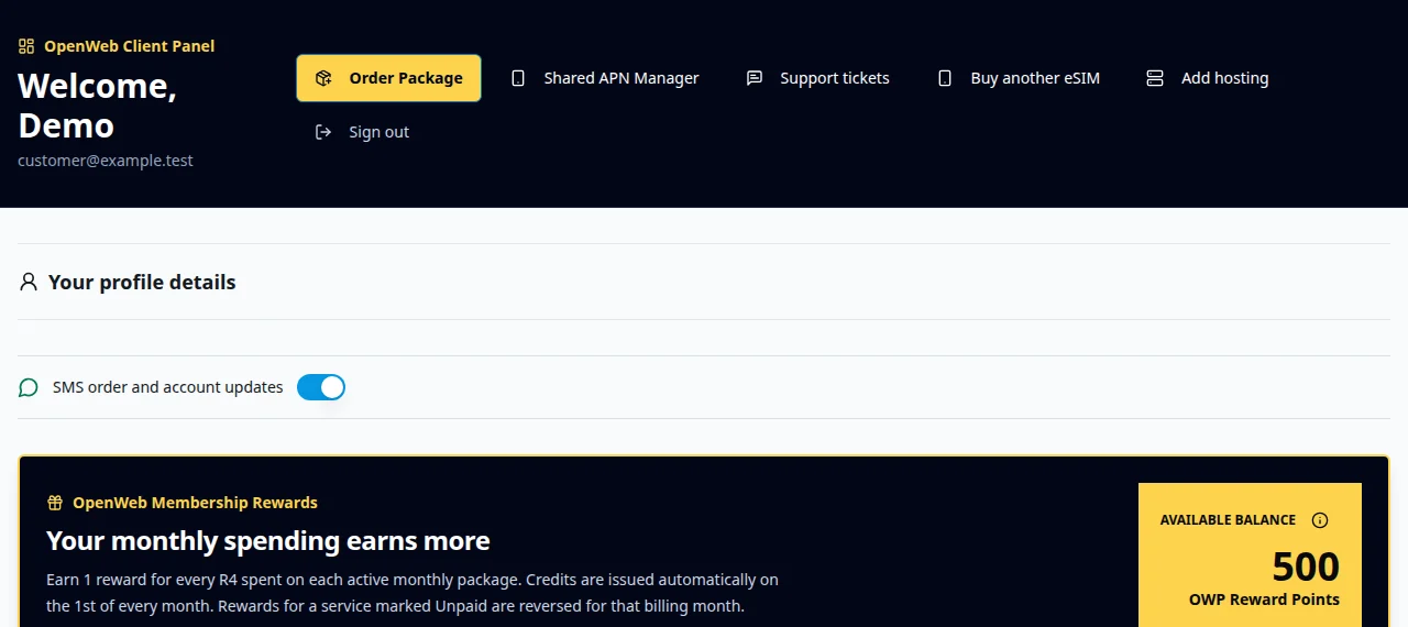 Demonstration customer dashboard showing Client Panel shortcuts and profile details