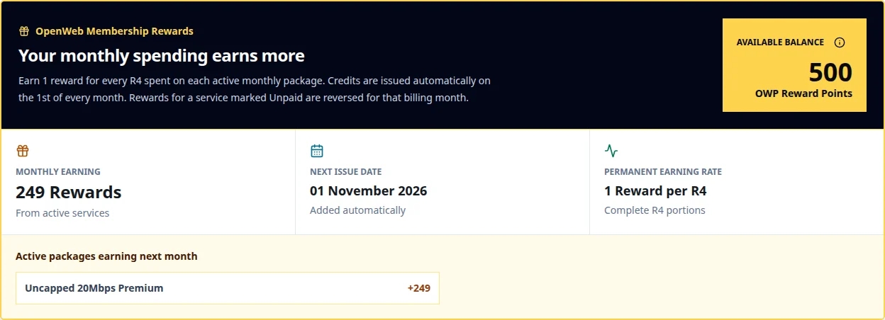 Membership Rewards section showing OWP balance, monthly earning and next issue date