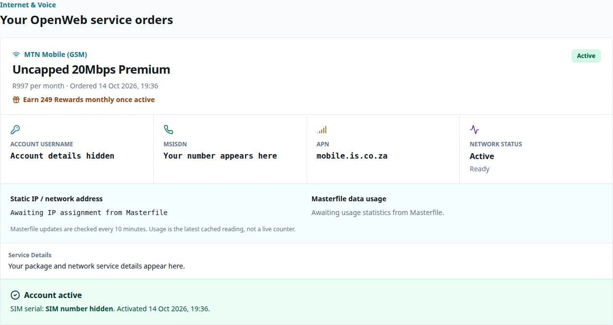 Internet service order card showing package, status, account fields and service details
