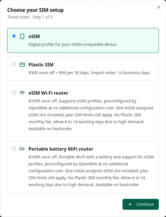 Add eSIM wizard offering eSIM, Plastic SIM, eSIM Wi-Fi router and portable MiFi