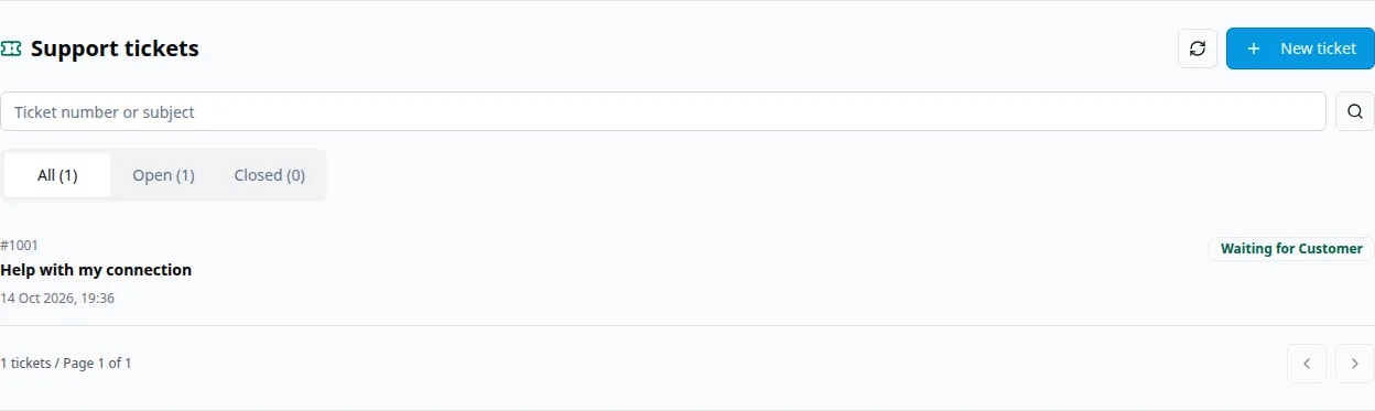 Client support ticket list with status filters, search and New ticket button