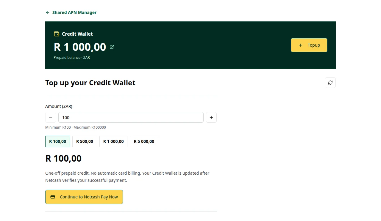 Shared APN Credit Wallet topup page with amount selection and Netcash Pay Now button