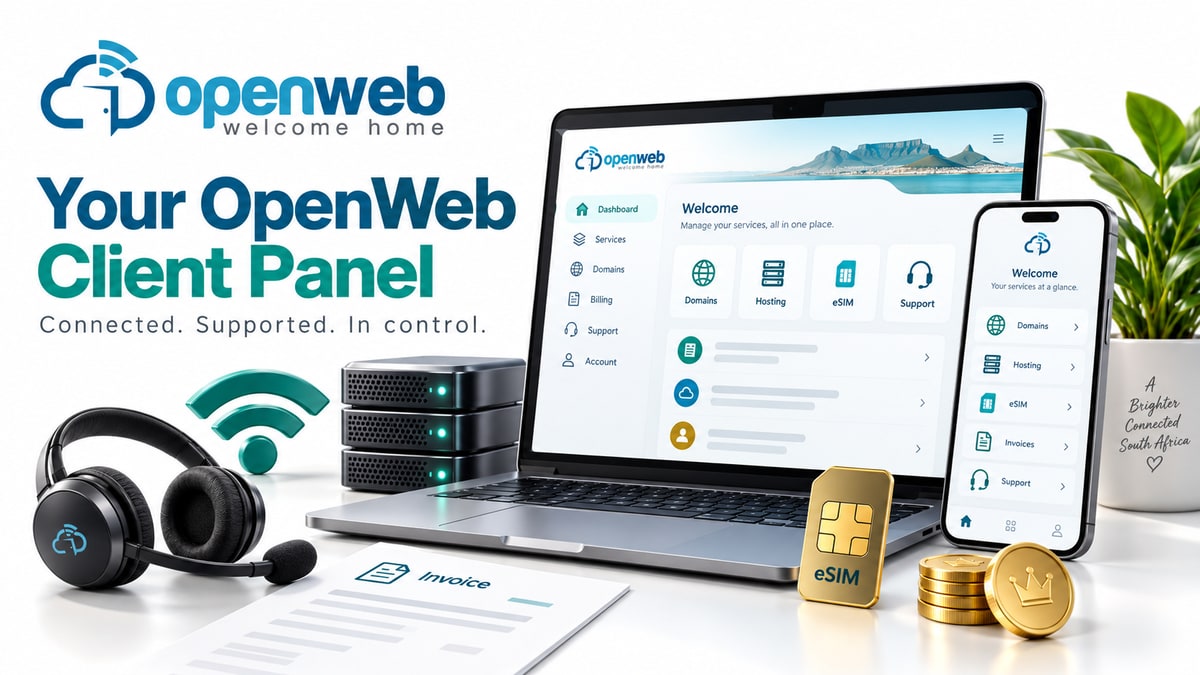 OpenWeb Client Panel illustration with a laptop, smartphone, hosting servers, eSIM and customer support headset