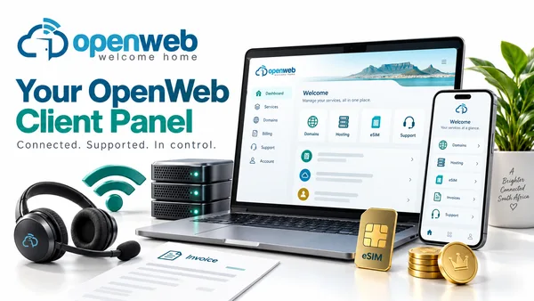 OpenWeb Client Panel illustration with a laptop, smartphone, hosting servers, eSIM and customer support headset