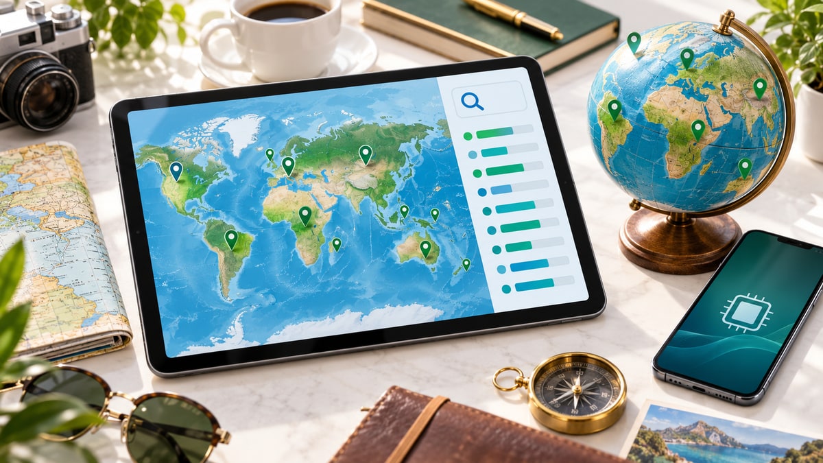 A world map, destination pins and a tablet illustrating eSIM country and network rate searches