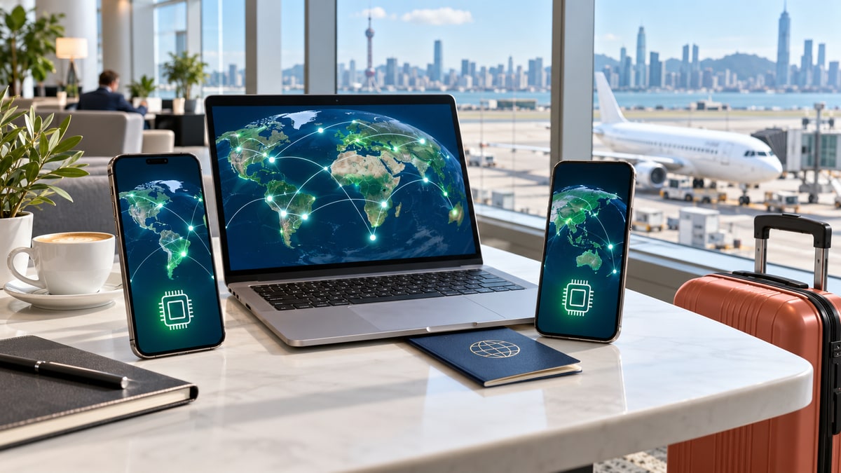 Connected eSIM smartphones and a laptop at an international airport workspace