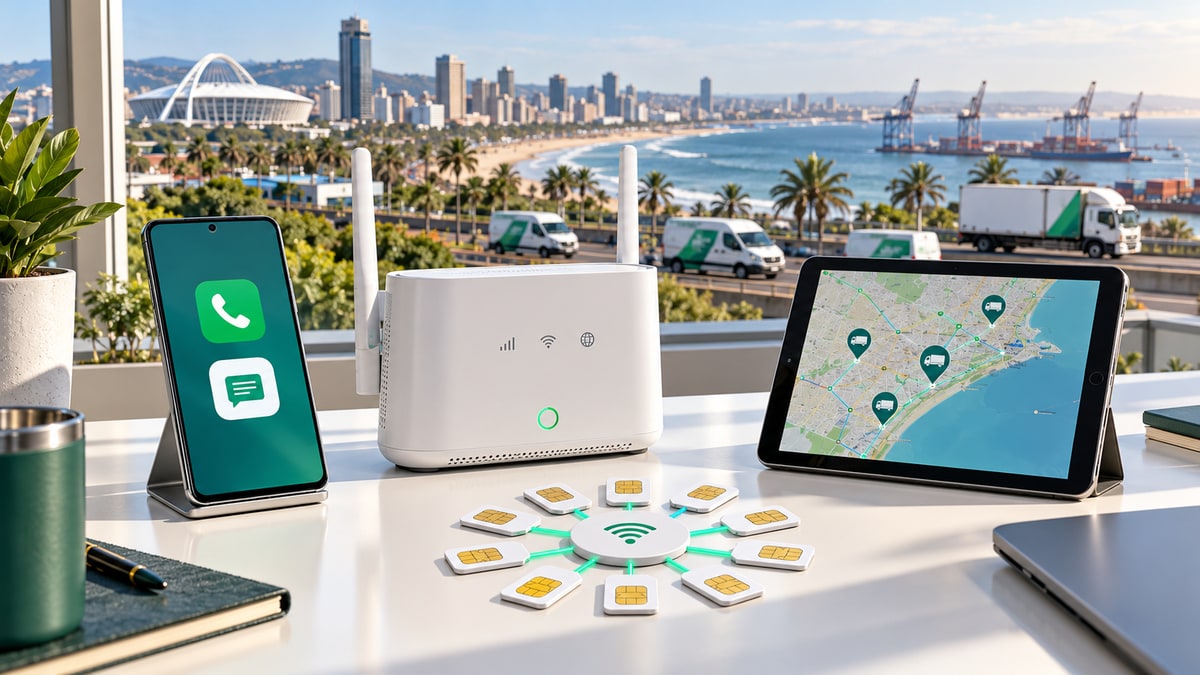 A router, ten shared SIM cards and calling and messaging devices overlooking Durban