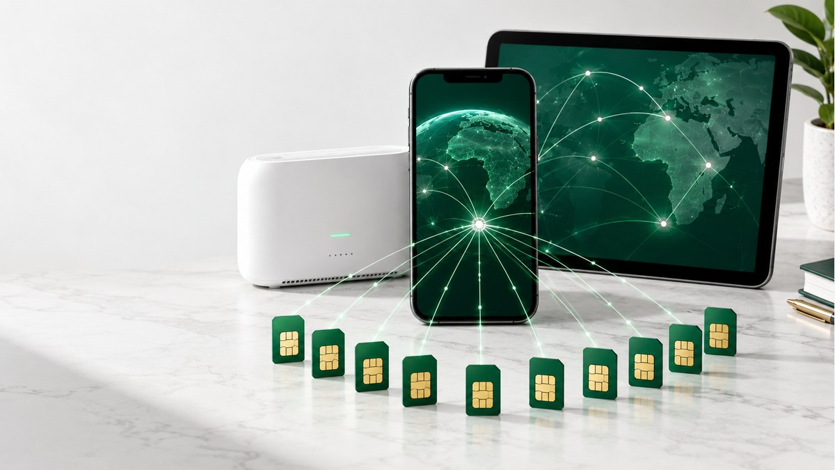 Mobile devices and ten SIM cards illustrating one shared data pool