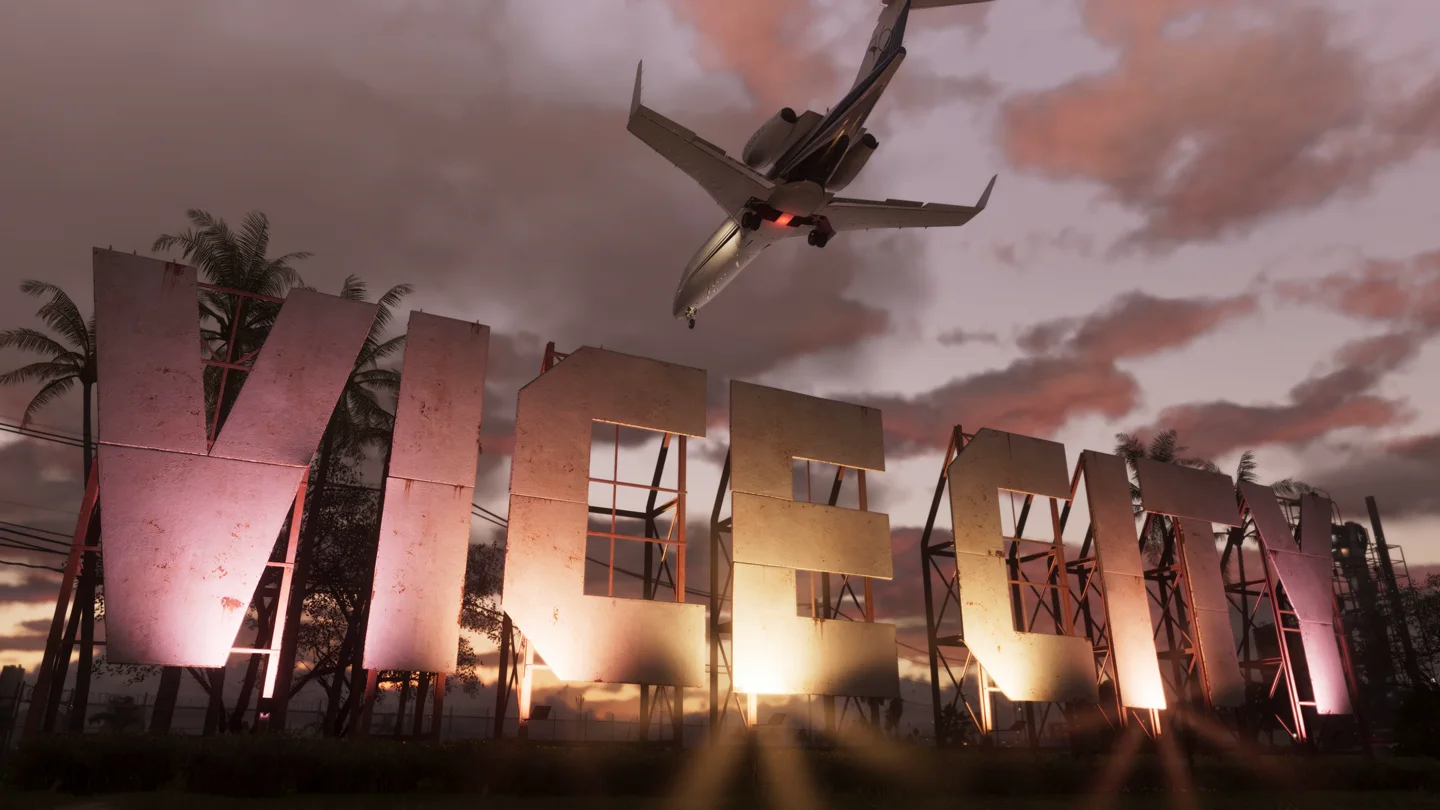 A private jet flying above the illuminated Vice City sign in Grand Theft Auto VI